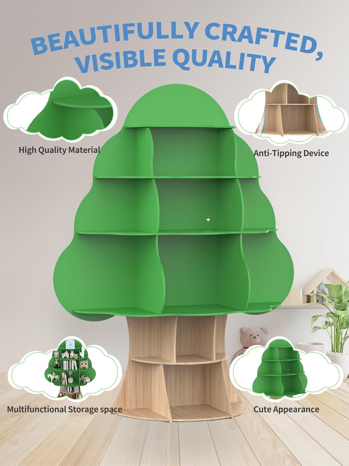 Tree Kids Bookshelf, Toddler Wood Bookcase, 16-Cubby Children Toy Storage Organizer Book Shelf for Kids Rooms, Nursery, Bedroom, Living Room, Classroom, Boy Girl’s Gift (Green Tree)