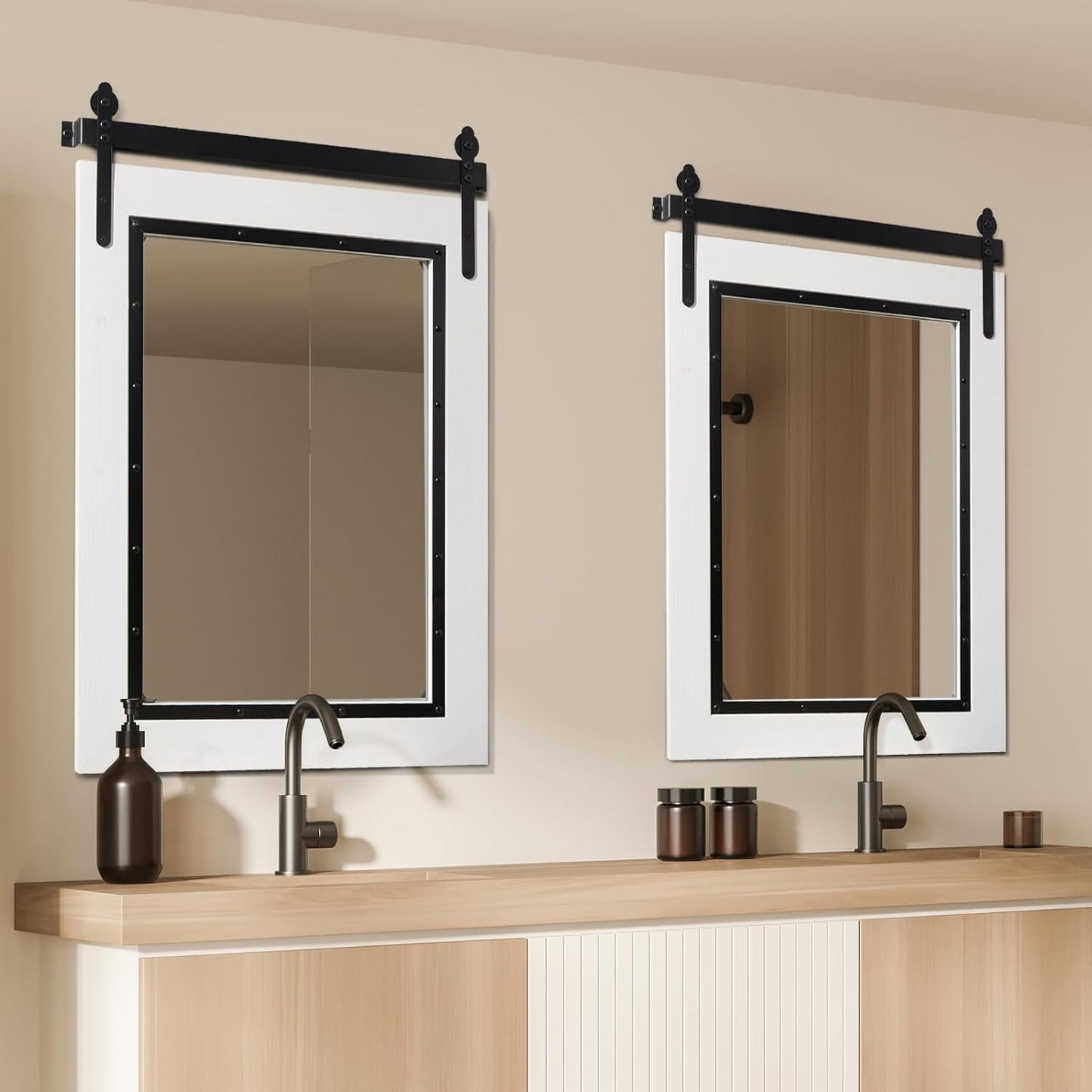 YOSHOOT Farmhouse Barn Door Mirror, 32"x24" Rustic Bathroom Mirror, Wood Frame Wall Mirror, Wooden Mirror for Living Room Bedroom Entryway Wall Décor, Vertical Hanging ONLY