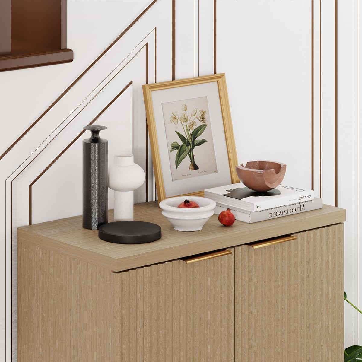 23.6" Sideboard Cabinet with 2 Doors, Modern Buffet Cabinet with Adjustable Shelf, Dining Room Sideboard, Fluted Buffet Sideboard for Living Room, Hallway, Entryway, Natual Oak