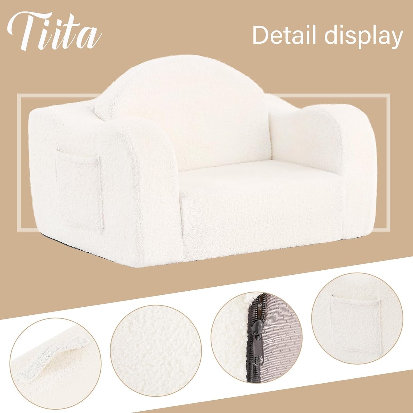 Tiita Kids Chairs for Toddler, 2-in-1 Toddler Soft Sherpa Couch Fold Out, Convertible Sofa to Lounger for Girls and Boys, Beige