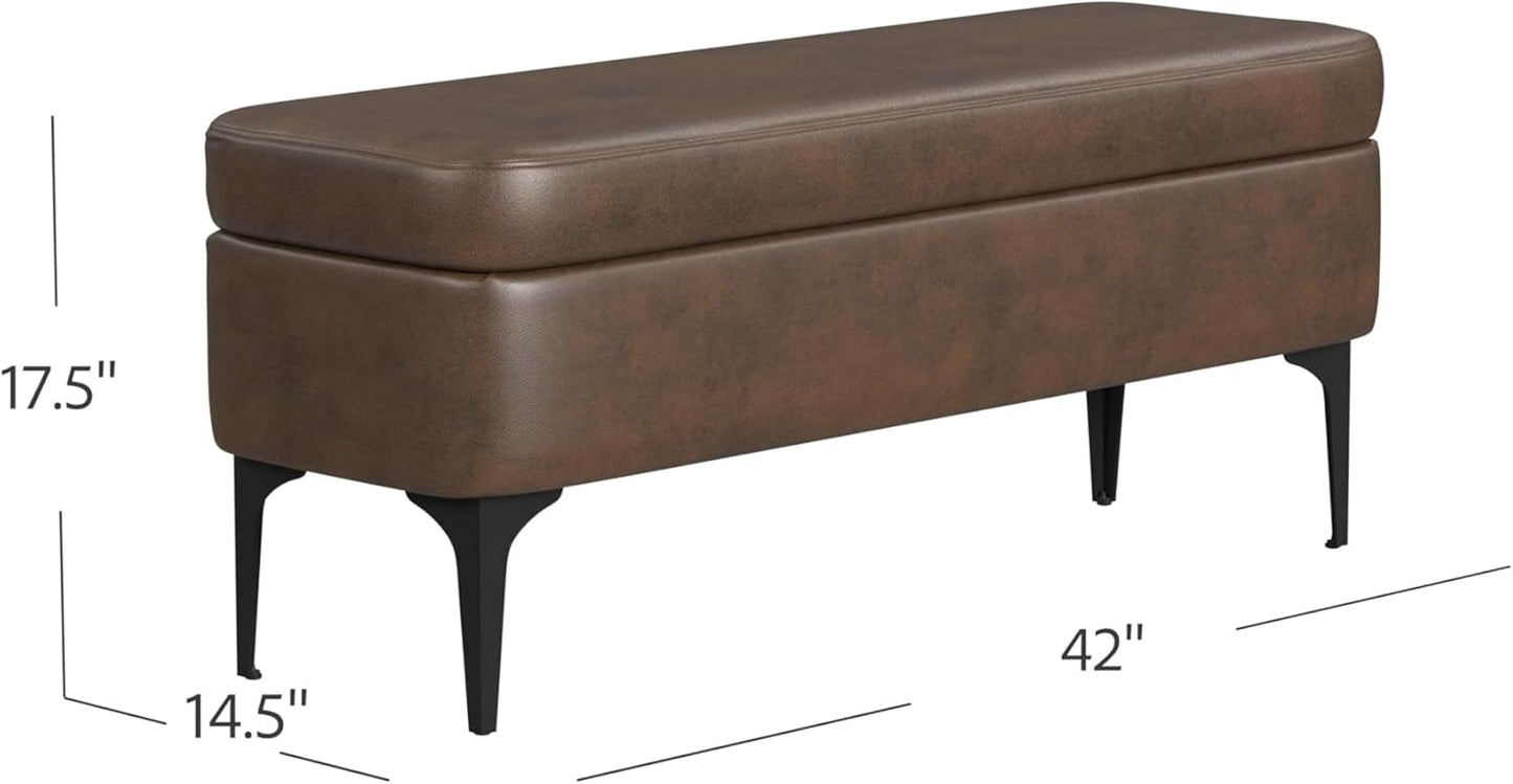 HomePop Upholstered Storage Bench with Metal Leg Home Décor|Bench with Storage for Living Room & Entryway - Brown Faux Leather