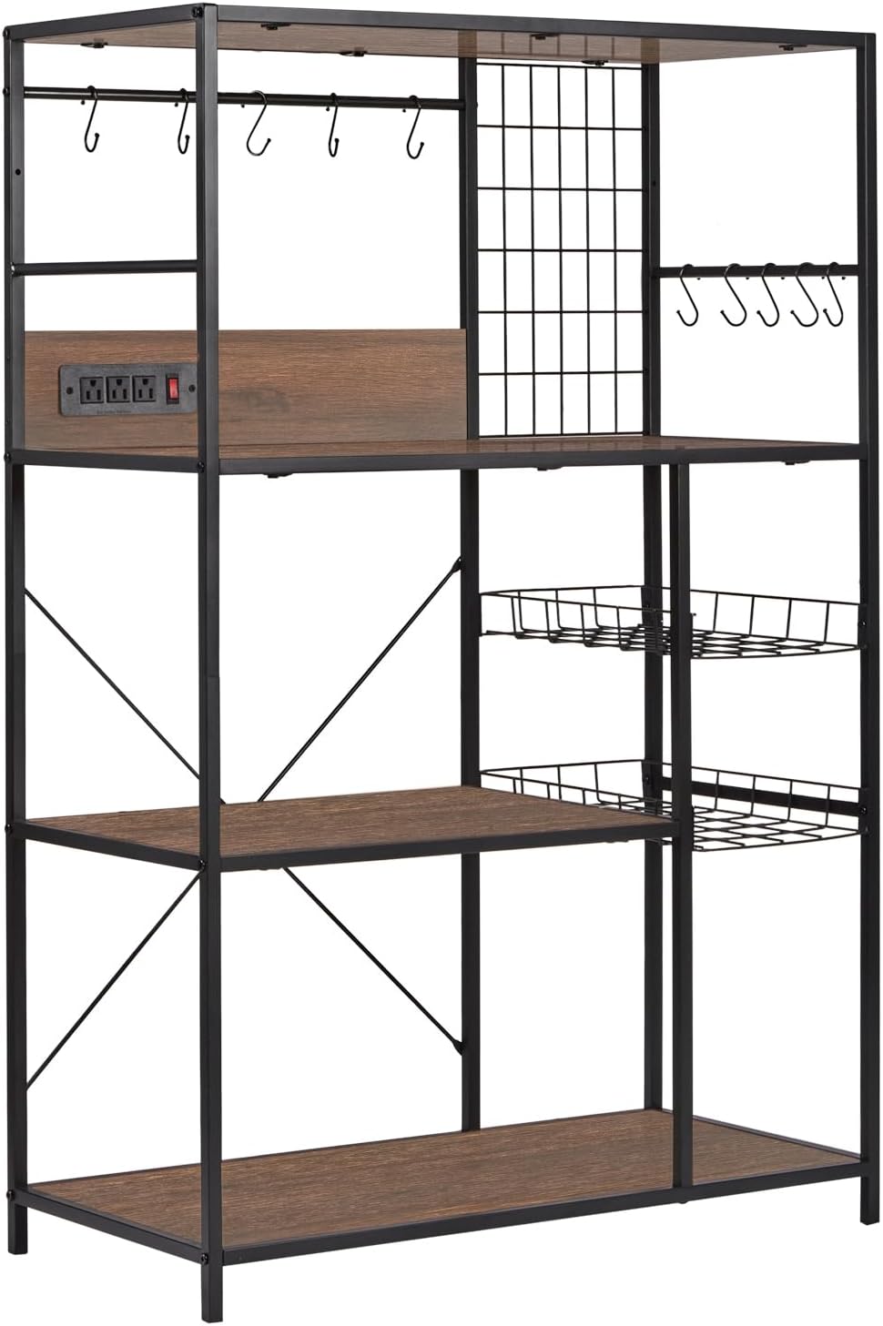 Bakers Rack with Power Outlet, Microwave Stand with Storage, Coffee Bar Organizer Cabinet with Wire Basket, Kitchen Shelf for Spices, 10 Hooks, Industrial, Brown