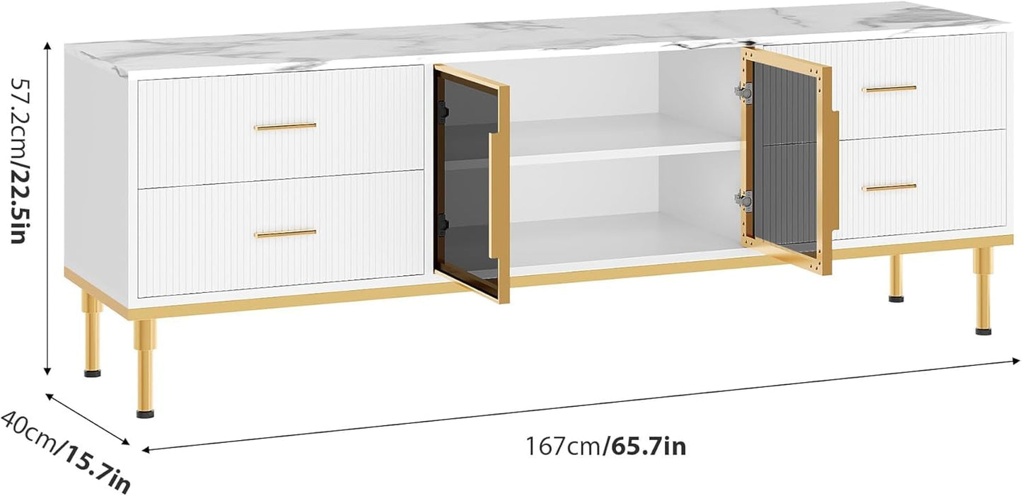 66" Fluted TV Stand with LED Light, Modern Entertainment Center for TVs Up to 75 Inch, Wood TV Media Console with Faux Marble Top, 4 Drawers, Glass Door for Living Room, White