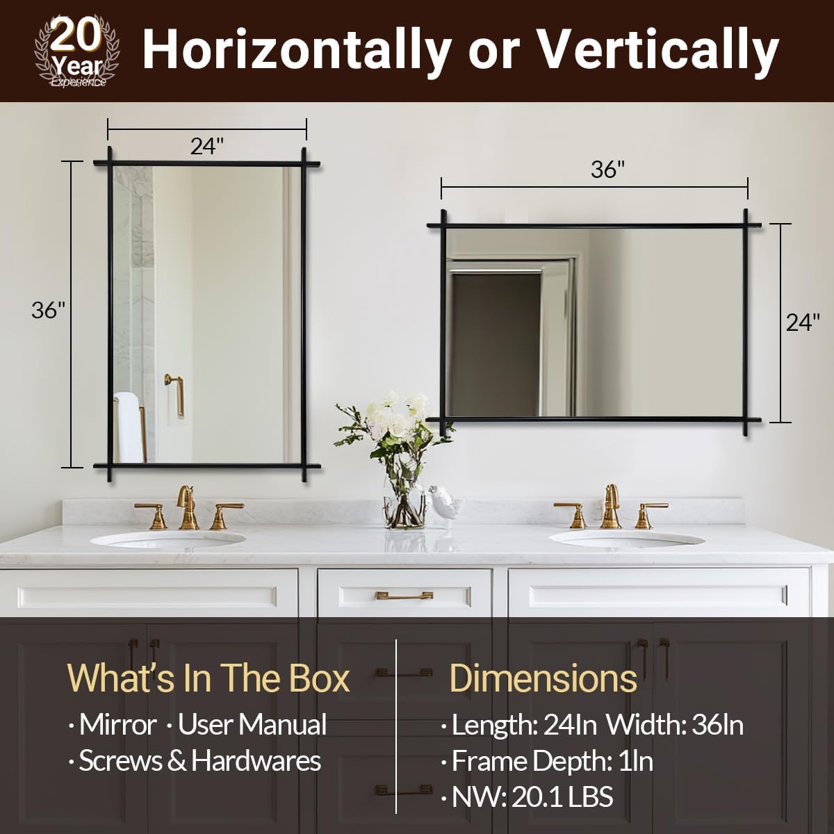 ANDY STAR Black Vintage Bathroom Mirror, 24x36 Inch Cross Corner Mirrors for Bathroom in 1 Inch Stainless Steel Metal Frame Minimalist for Home Decor Wall Mounted Horizontal/Vertical