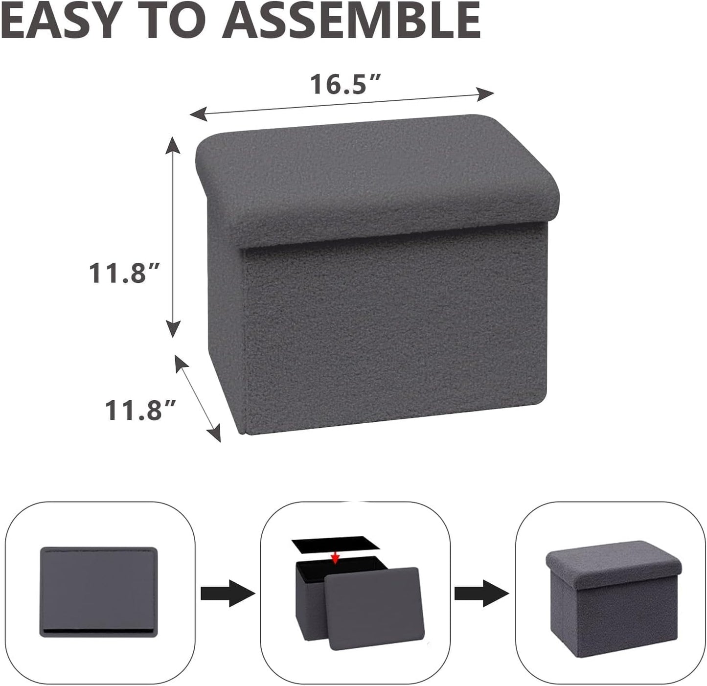 16.5 Folding Storage Ottoman Cube - Small Footrest with Sherpa Top, Multi-Functional Storage for Bedroom, Living Room, Grey