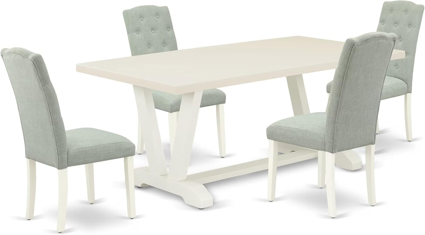 East West Furniture V027CE215-5 5 Piece Dining Room Furniture Set Includes a Rectangle Dining Table with V-Legs and 4 Baby Blue Linen Fabric Upholstered Chairs, 40x72 Inch, Multi-Color