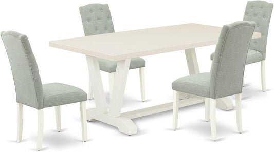 East West Furniture V027CE215-5 5 Piece Dining Room Furniture Set Includes a Rectangle Dining Table with V-Legs and 4 Baby Blue Linen Fabric Upholstered Chairs, 40x72 Inch, Multi-Color