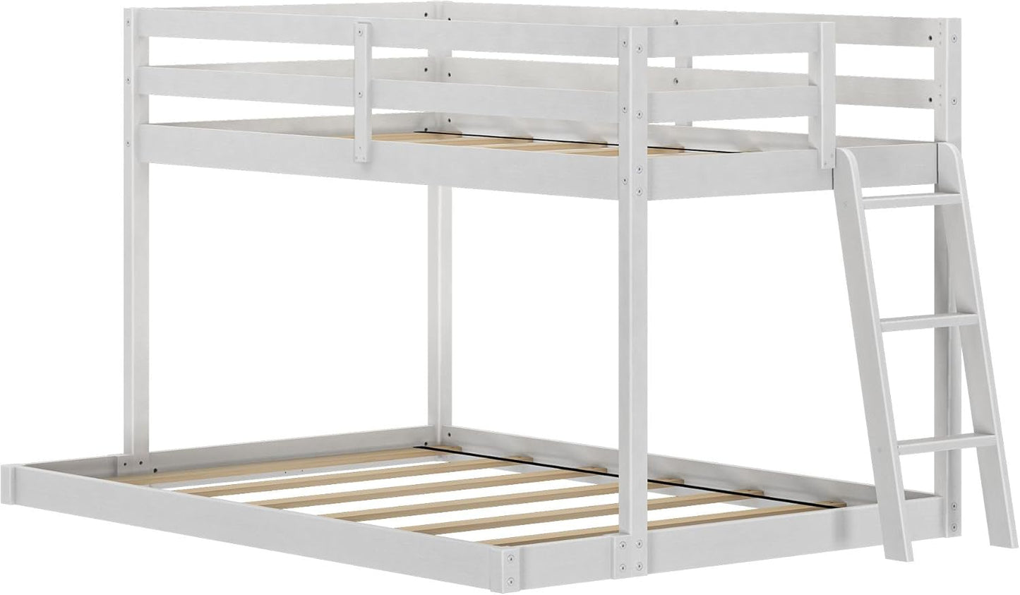 Grain & Grove Bear Twin Over Full Bunk Bed, Low Bunk Bed Frame for Kids, Bunk with Ladder, Guardrail, and Slats, No Box Spring Required, Brushed White
