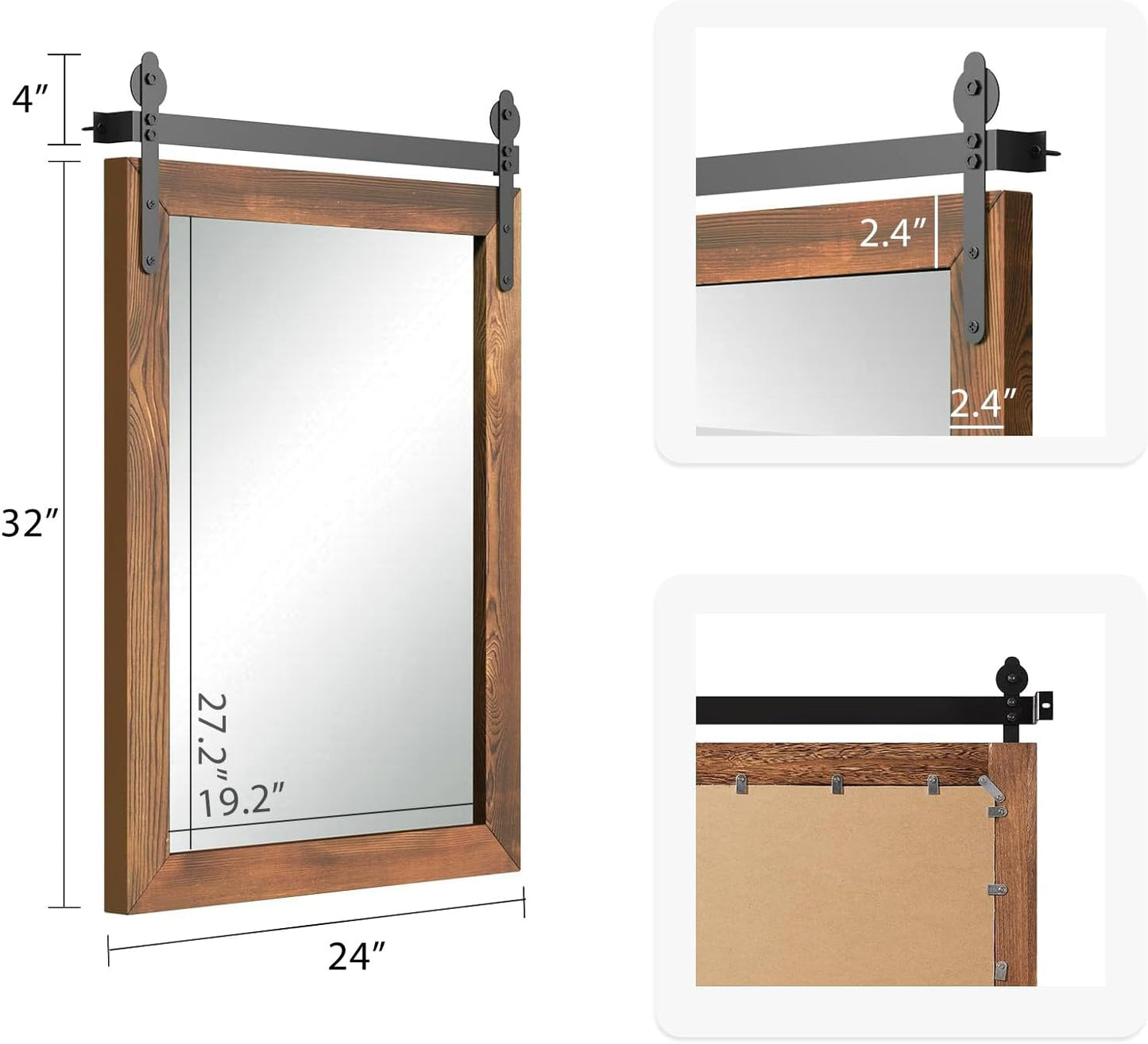 YOSHOOT Farmhouse Barn Door Mirror, 32"x24" Rustic Wood Framed Wall Mirror, Wall Mounted Vintage Mirror, Wooden Farmhouse Style for Bathroom Living Room Entryway, Brown, Vertical Hanging ONLY