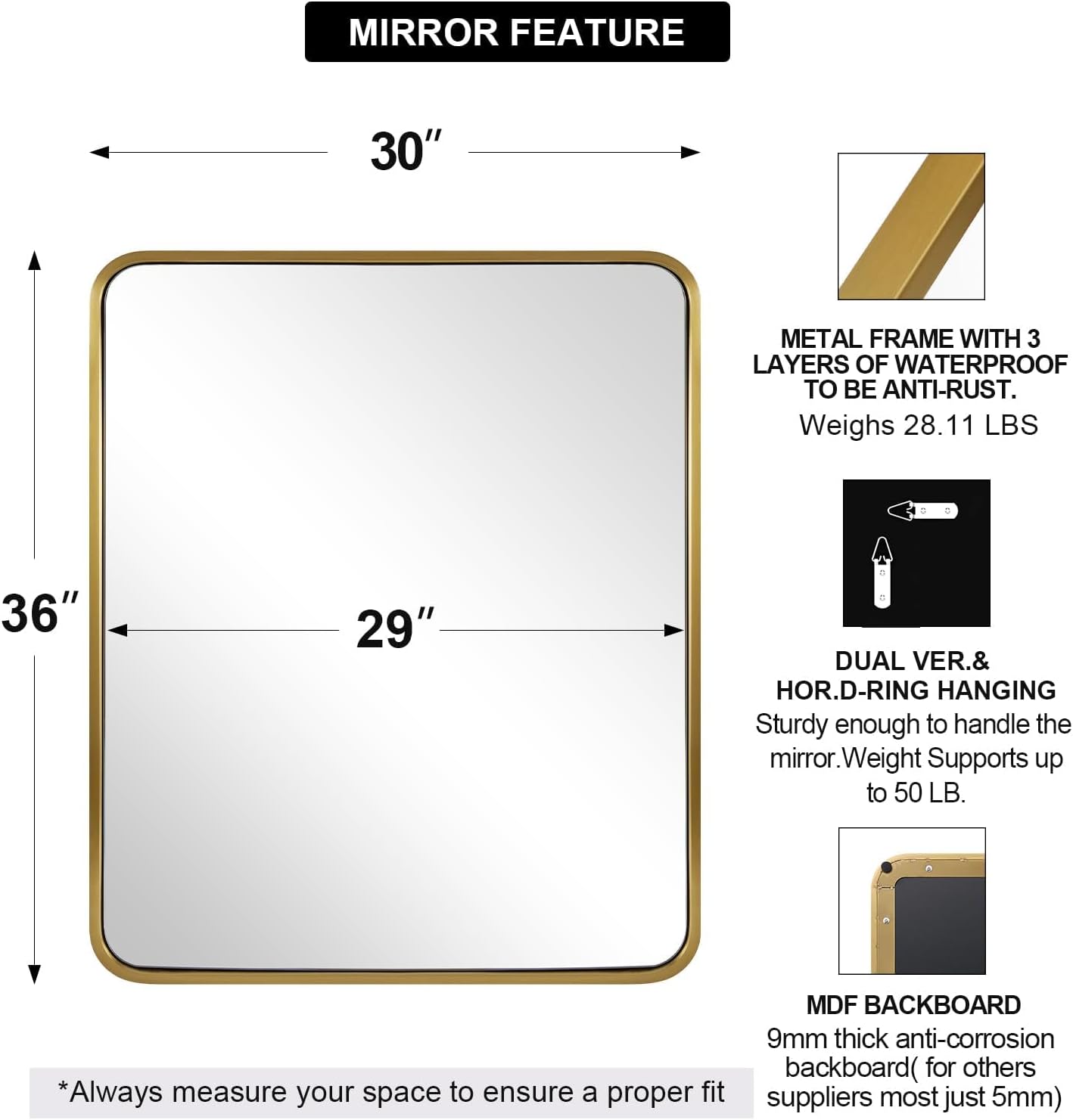ANDY STAR Gold Bathroom Mirror for Wall, 30x36’’ Brushed Gold Rounded Rectangle Mirror for Vanity in SUS304-Anti-Rust, Wall-Mounted Horizontal/Vertical 1’’ Deep