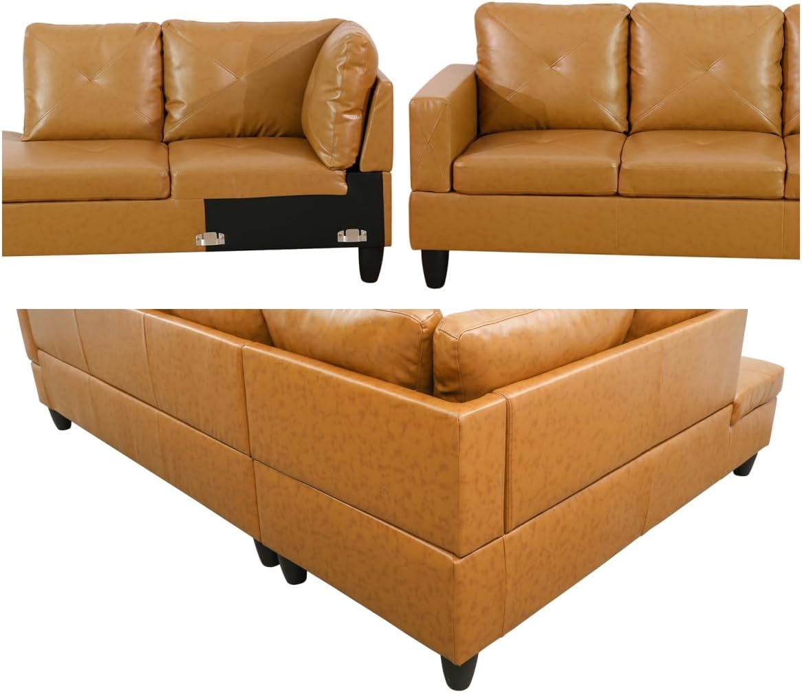 L Shaped Sectional Sofa with Ottoman, Leather Right Facing Modern Couches for Living Room, Bedroom, Office, Ginger Black