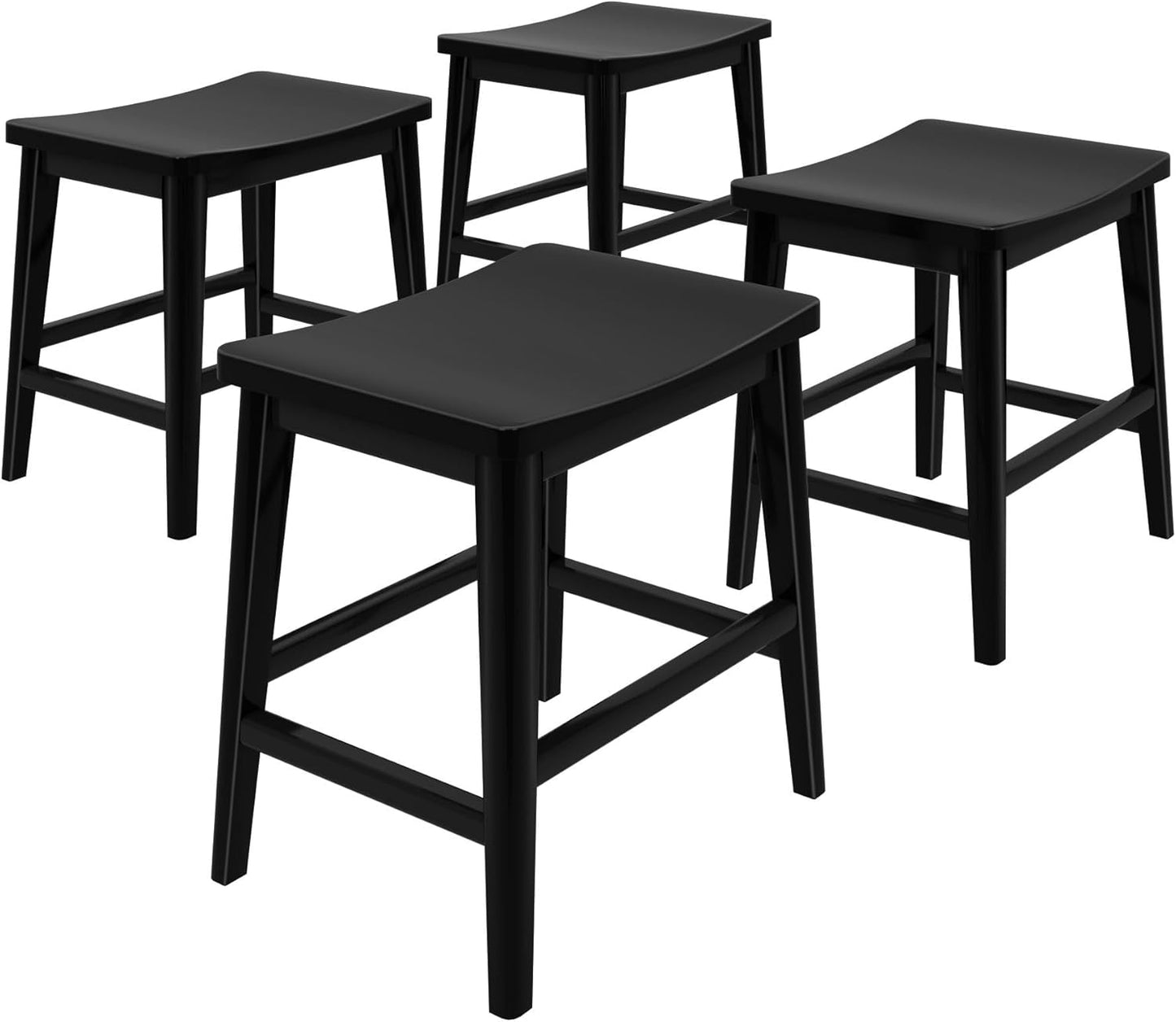Plank+Beam Smythe Dining Stool, 18",Set of 4, Sturdy Wood Modern Kitchen Stool, Saddle Seat Backless Chair, Metal Footrest, Black