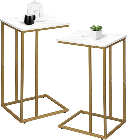 C Shaped End Table Set of 2, Small Side Table for Sofa and Bed, Couch Tables That Slide Under, Snack Side Table for Living Room, Bedroom, White Faux Marble and Gold
