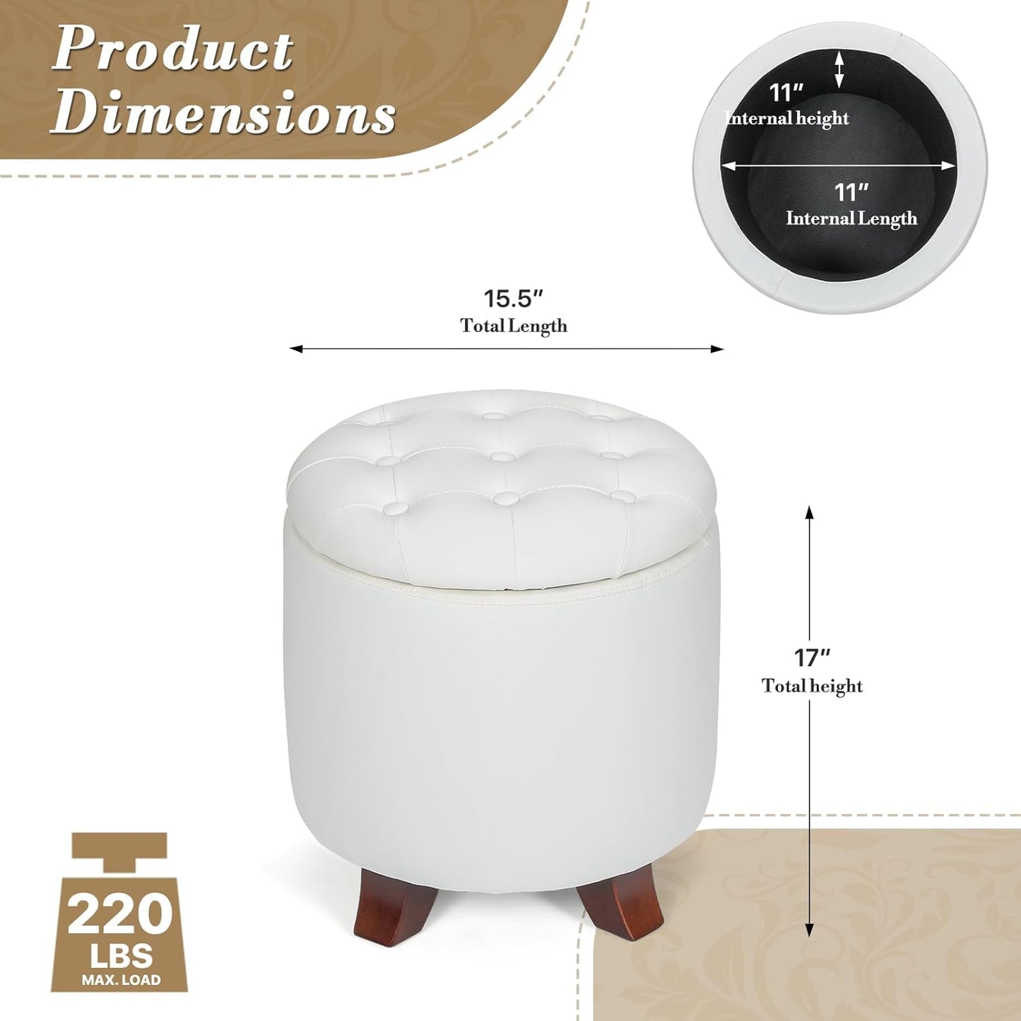 Athena Collection 15 Inch Small Ottoman with Storage, Round PU Leather Storage Ottoman Foot Rest with Removable Lid, Multipurpose Footstool Footrest for Living Room, Bedroom, Dorm, White