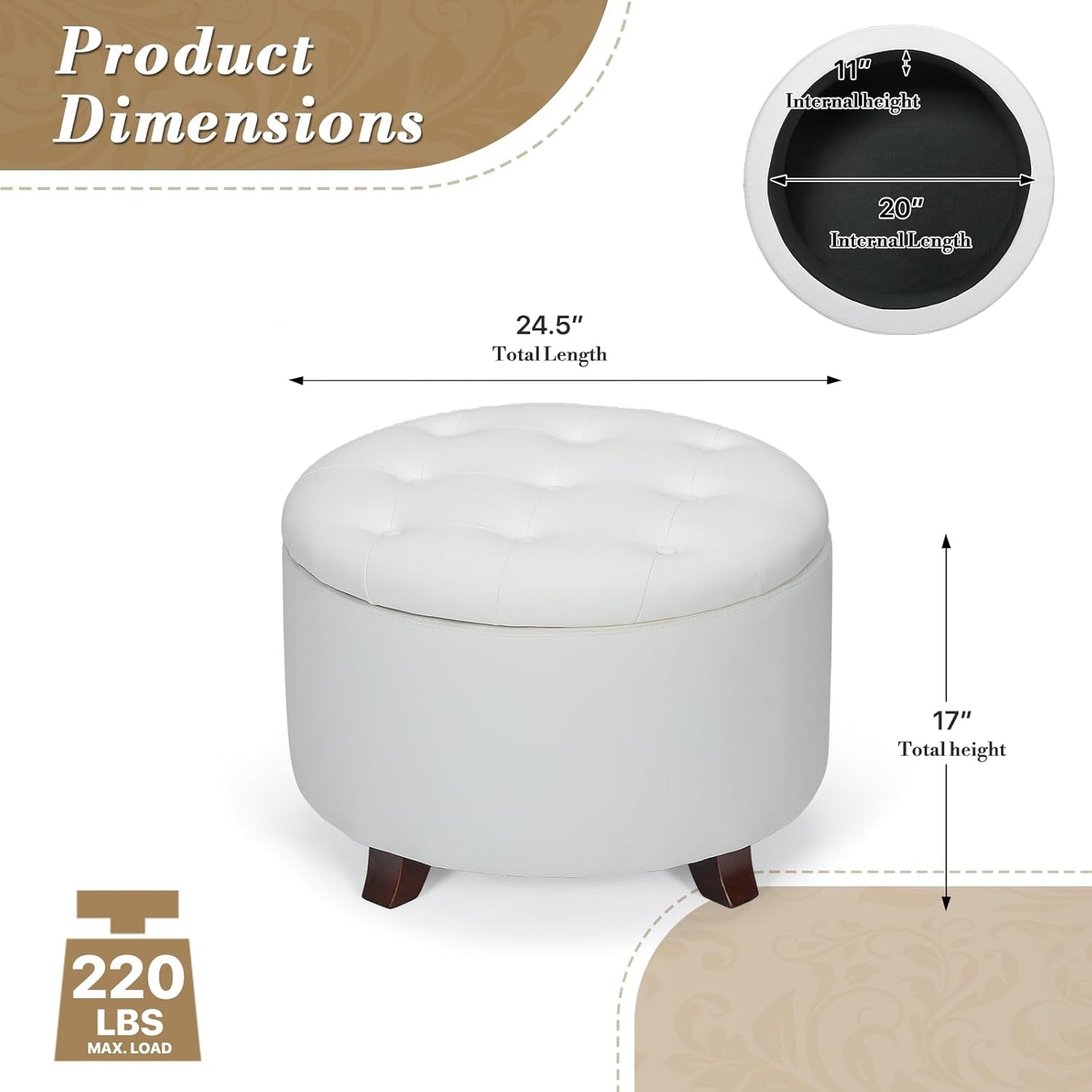 Athena Collection 24.5 Inch Small Ottoman with Storage, Round PU Leather Storage Ottoman Foot Rest with Removable Lid, Multipurpose Footstool Footrest for Livingroom, Bedroom, Dorm, White