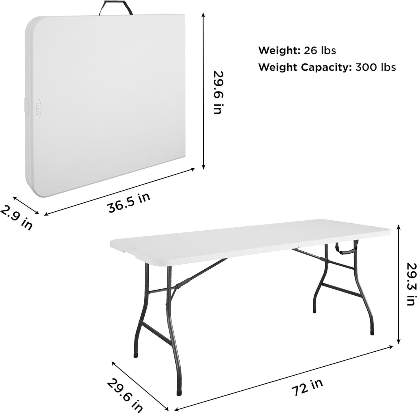 Cosco 6ft Fold-in-Half Blow Molded Folding Table, Indoor/Outdoor, Comfort Handle, Lightweight Plastic Construction - White