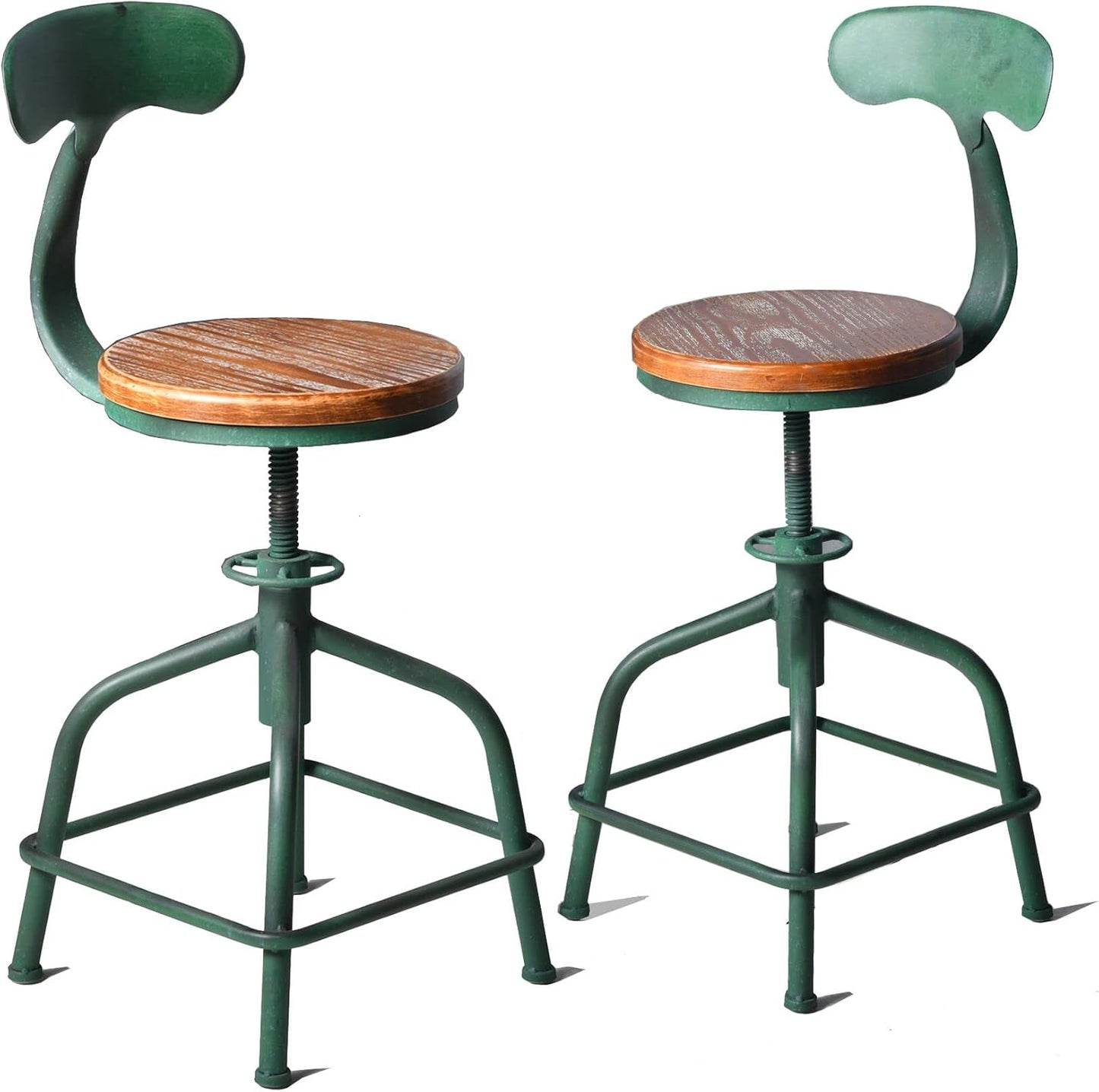 Topower Farmhouse Kitchen Stool, Industrial Counter Stool, Kitchen Deco Round Seat Standard Height Adjustable Swivel Bar Stools with Backrest Indoor House Design Iron Backrest Antique Green Set of 2