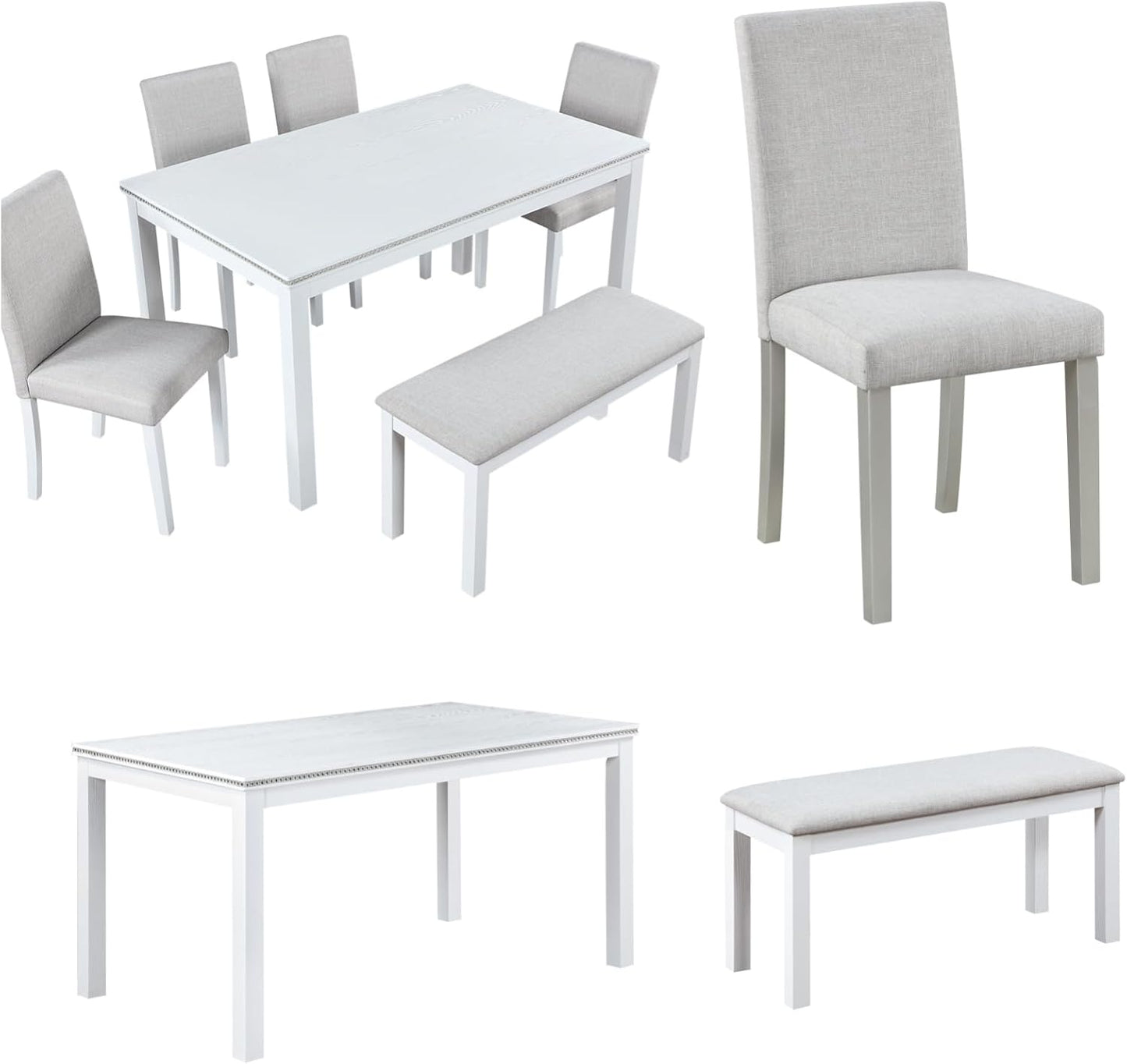 Dining Table Set, 6 Piece Counter Height Dinner Set with Rectangular Table, 4 Upholstered Chairs and Bench, Wooden Linen Dining Table and Chairs Set with Crystal Decoration, Beige