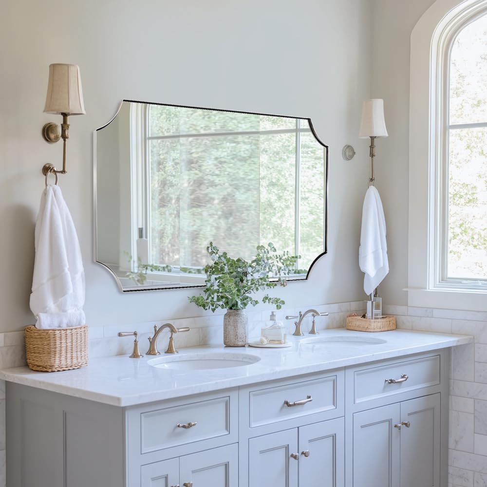 ANDY STAR 30x48 Inch Chrome Mirror, Large Scalloped Bathroom Mirror, Unique Rectangle Mirror with Rust-Proof Stainless Steel 1" Frame, Hangs Vertically or Horizontally