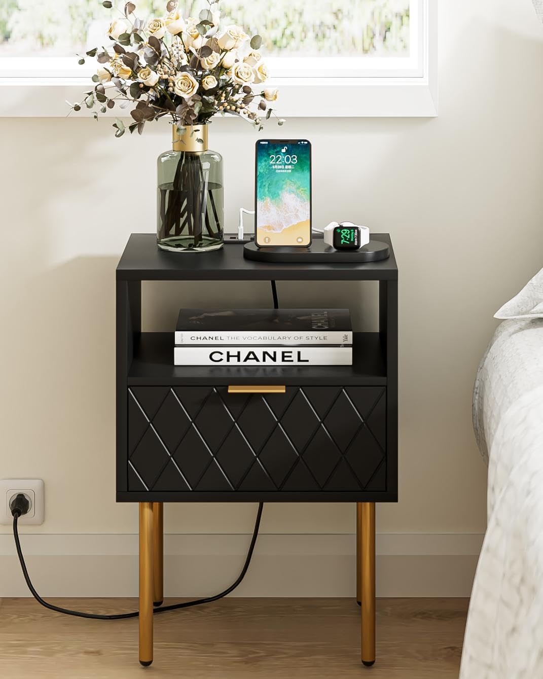 Nightstand,Small Bedside Table with Gold Frame,Morden Night Stand with 2 Drawer,End Table,Side Table with Drawer and Shelf for Bedroom,Living Room (Black-Diamond-Outlet)