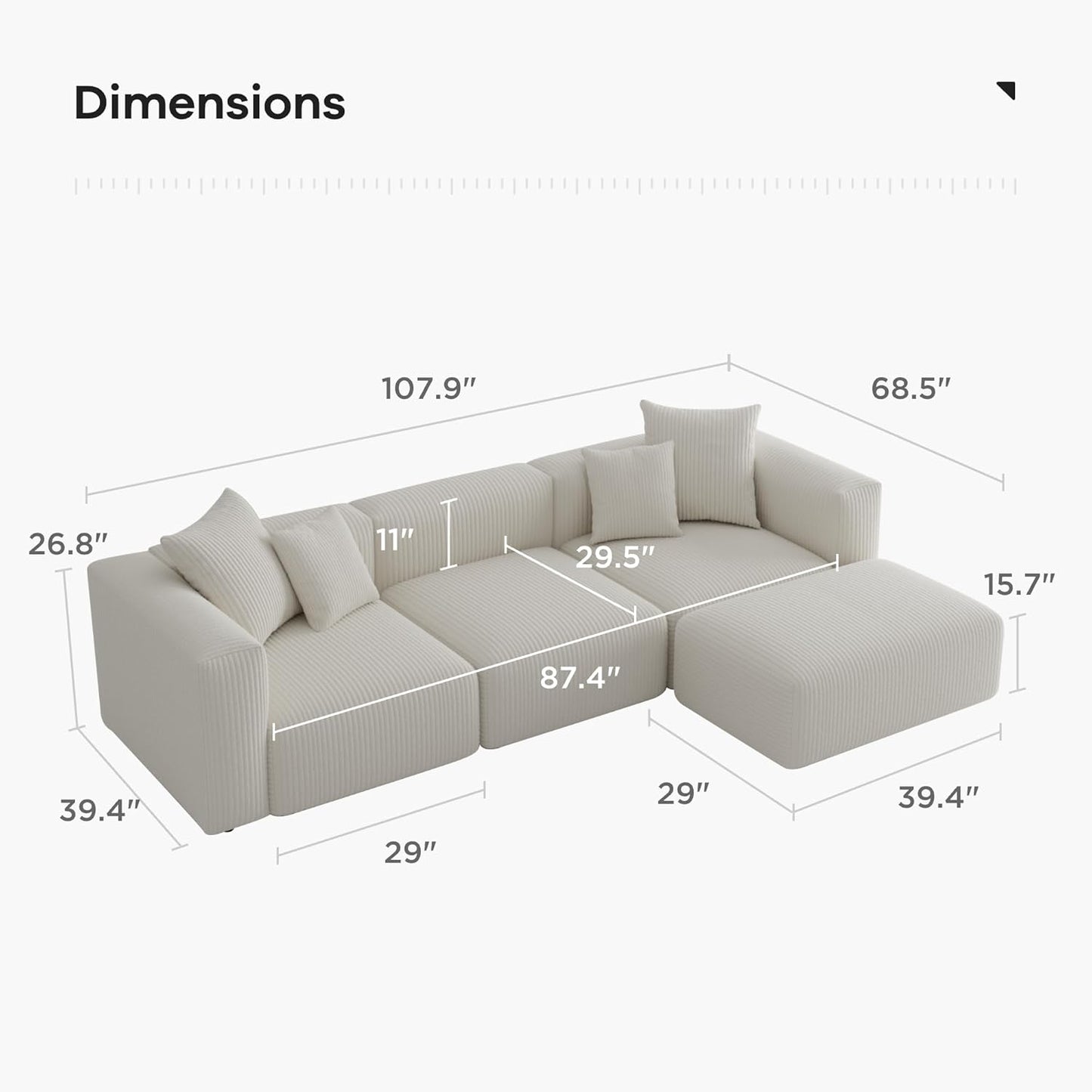 Acanva Convertible Modular Sectional Sofa with Movable Ottomans, Free Combination Corduroy Couch for Living Room Apartments, L-Shaped, White