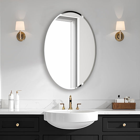 Frameless Oval Mirror, Bathroom Mirror for Over Sink, Beveled Polished Wall Mirror for Bathroom, Bedroom, Vanity and Entryway 24" x 36"