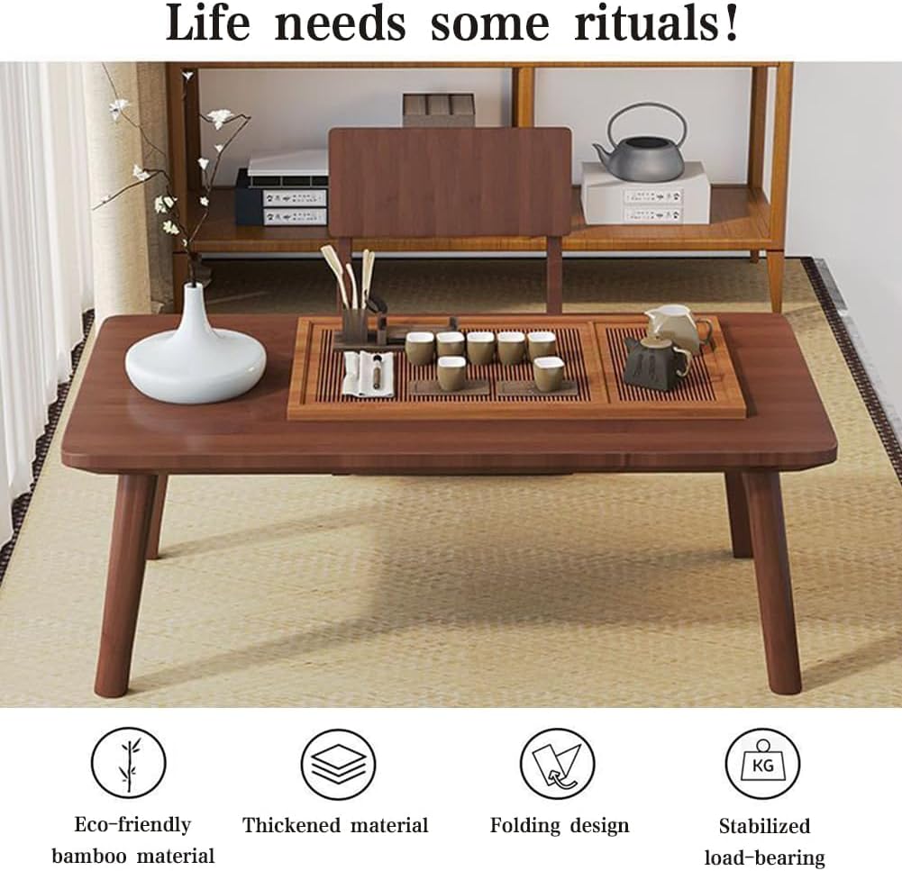Japanese Floor Table No Assembly Required Bamboo Folding Walnut Coffee Table Bedroom 26x15.8x11.8in Furniture Low Tea Table for Sitting on The Floor Chestnut Large