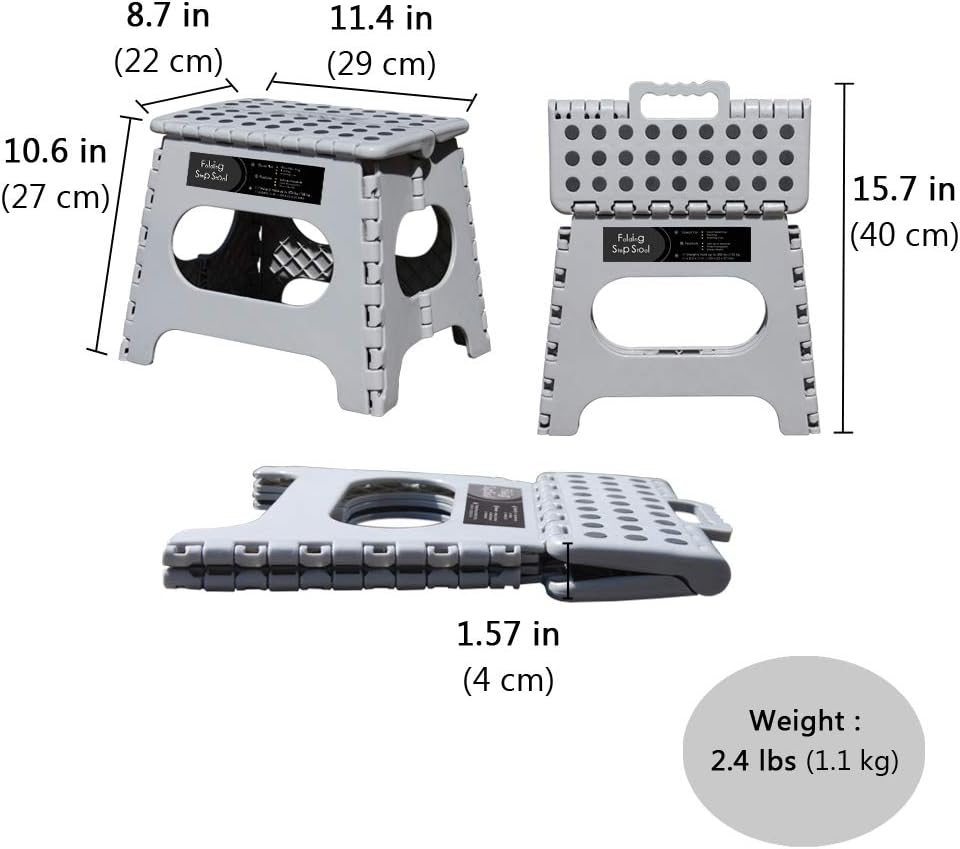 Non-Slip Folding Step Stool, Sturdy Safe Enough - Holds up to 300 Lb - 11 inch Footstool for Adults or Kids, Folding Ladder Storage/Opens Easy, for Kitchen,Toilet,Camping (Light Grey, 11'')