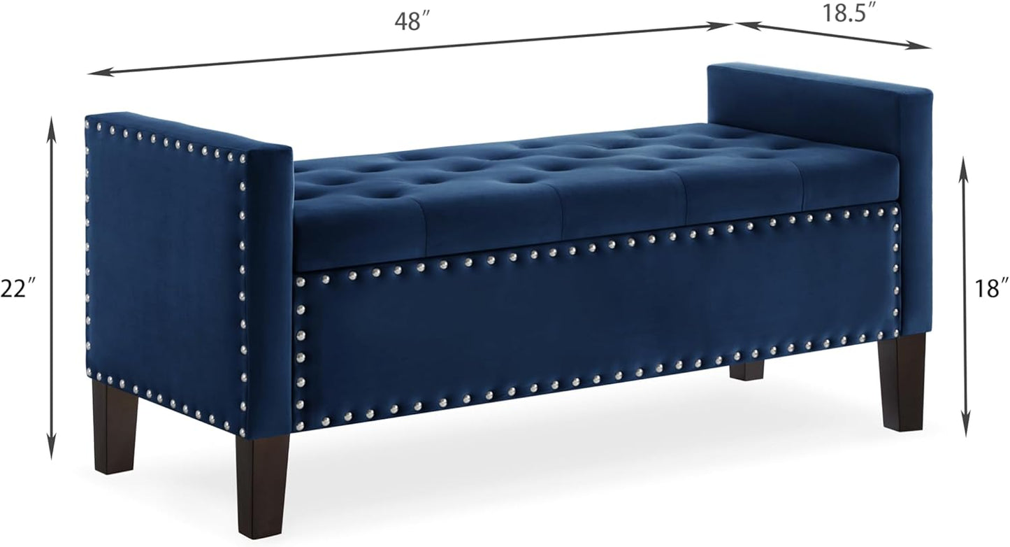 Velvet Storage Ottoman with Armrests and Nails Trim,Entryway Living Room Soft Padded Seat,Bed Bench Bedroom End of Bed,Navy (48”L X 18.5” W X 22” H)