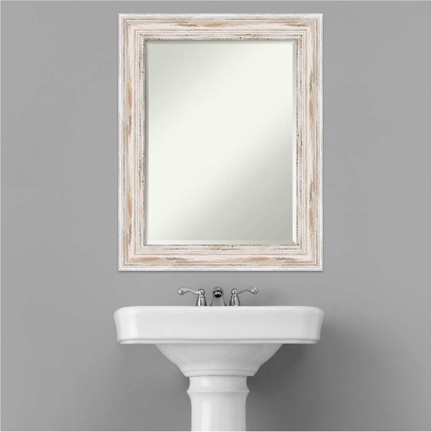 Amanti Art White Bathroom Mirror for Over Sink, 29x23 Alexandria White Wash Rectangle Vanity Mirror, Medium Coastal Wood Frame, Hangs Horizonally and Vertically, Bathroom Wall Decor, Beveled Edge
