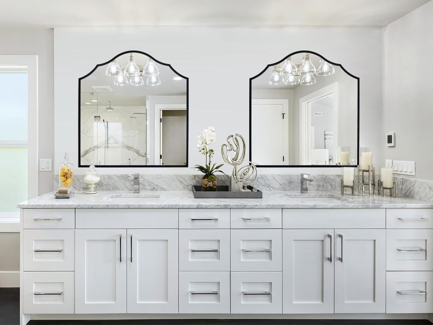 32"x30" Vanity Mirror for Wall, with Black Arched Decorative Metal Frame, Scalloped Entryway Mirror for Bedroom, Bathroom, Living Room