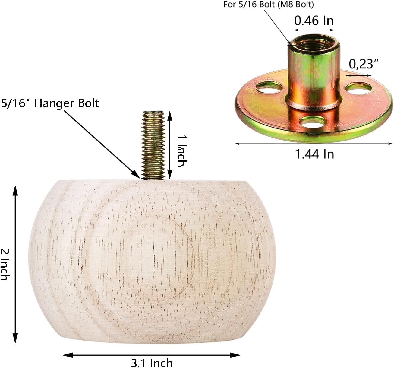 Set of 4 Unfinished Bun Feet Furniture feet 2inches Solid Short Hardwood Round Ottoman Couch Sofa Legs Cabinet Ottoman DIY Wood Furniture Legs