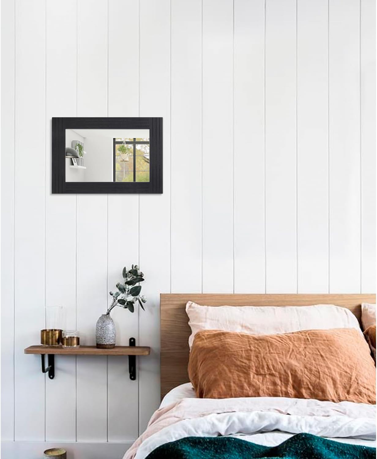 Black Vintage Rustic Wood Framed Wall Mirror Farmhouse Rectanglular Antique Decor Hanging Mirror for Bathroom Bedroom Living Room Entryway Large 16"x12"