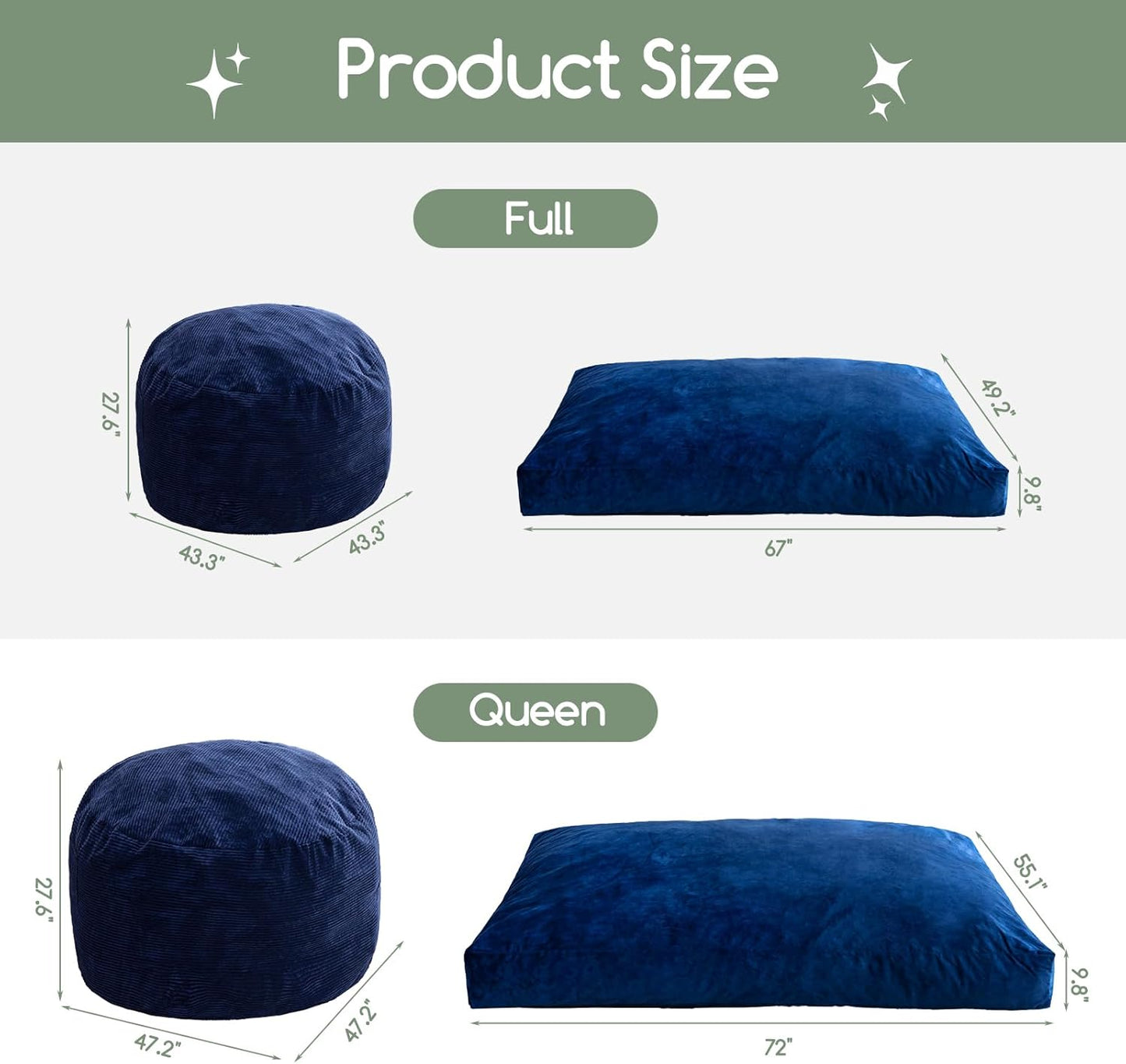 HIGOGOGO Giant Bean Bag Chair Bed for Adults,Convertible Beanbag Folds from Lazy Chair to Floor Mattress Bed,Large Floor Sofa Couch for Adult,Couples,Family,High-Density Foam Filling, Machine Washable