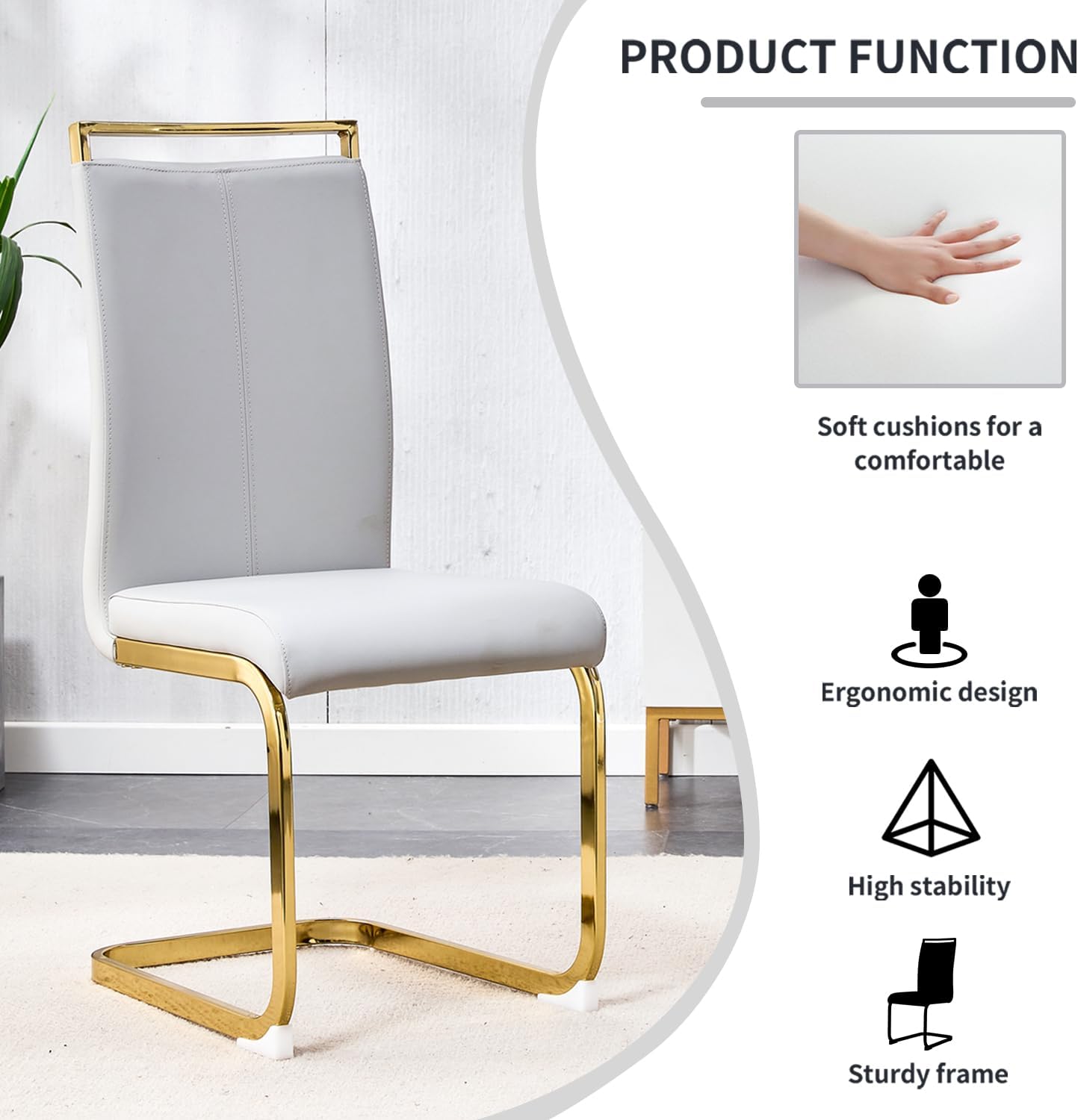 Modern Dining Chairs Set of 4,High Back Kitchen Chairs,Faux Leather Side Chair with Gold Plated Metal Legs,Easy to Clean Upholstered Dining Chairs,Ideal for Living Room(Gold Leg)