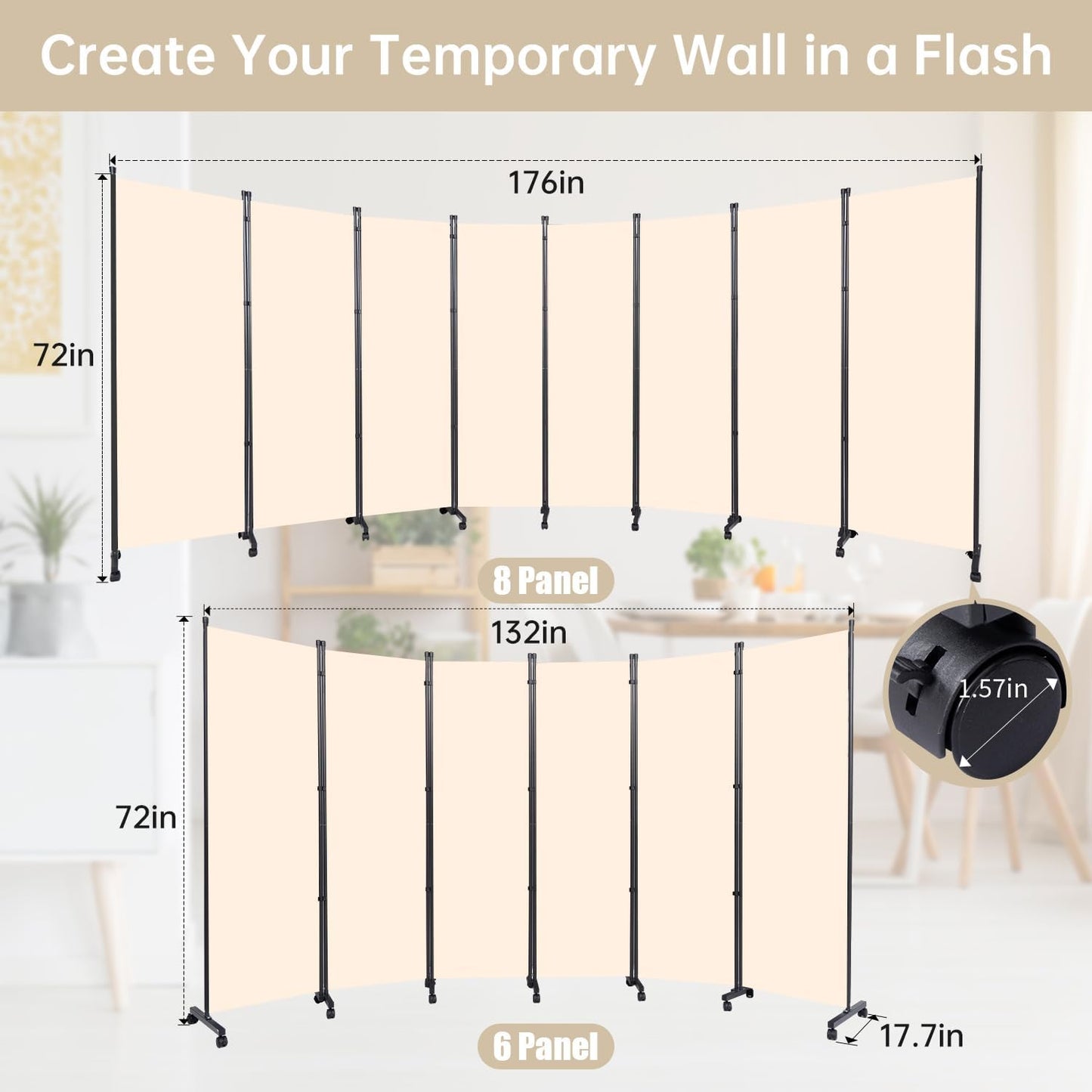 Room Divider 8 Panel Room Dividers/Wheels, Fabric Room Divider Panel for Office Room Partitions and Dividers, Portable Partition Wall Divider for Room Separation, Flexible Privacy Screen Indoor