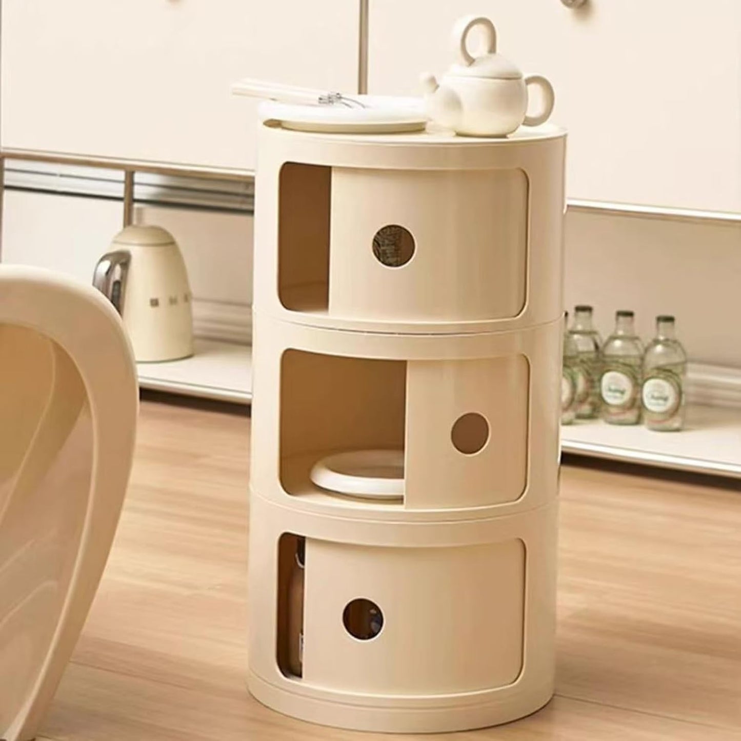 3 Tier Round Nightstand with Drawer, White Round Side Table Small Plastic Storage End Table Suitable for Bedroom, Living Room, Bathroom (White)