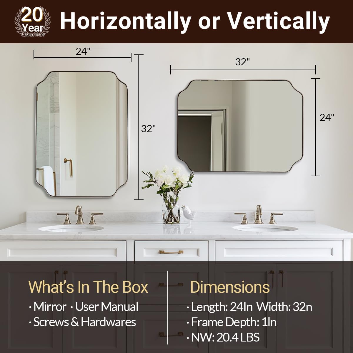 ANDY STAR Scalloped Bathroom Mirror, 24x32’’ Brushed Nickel Rectangle Mirror for Bathroom, Silver Bathroom Vanity Mirror, Unique Scalloped Edge Design, Rust-Proof Stainless Steel Frame