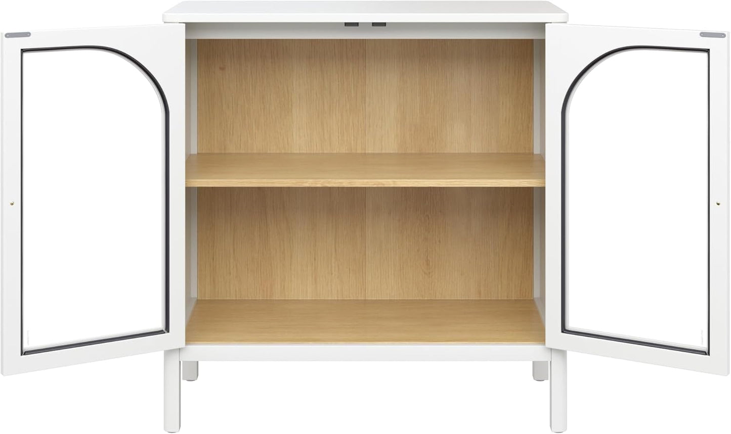 Nathan James Mason Storage Accent Cabinet Sideboard Buffet, Credenza with Glass Doors and Adjustable Shelf for Dining Room, Entryway and Living Room, Clear Glass/White/Light Oak