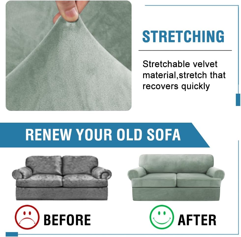 H.VERSAILTEX Sofa Cover 3 Piece T Cushion Loveseat Slipcovers Thick Velvet Couch Cover Stretch T Cushion Sofa Covers for 2 Cushion Couch with 2 Individual T Cushion Covers Washable, Sea Grass
