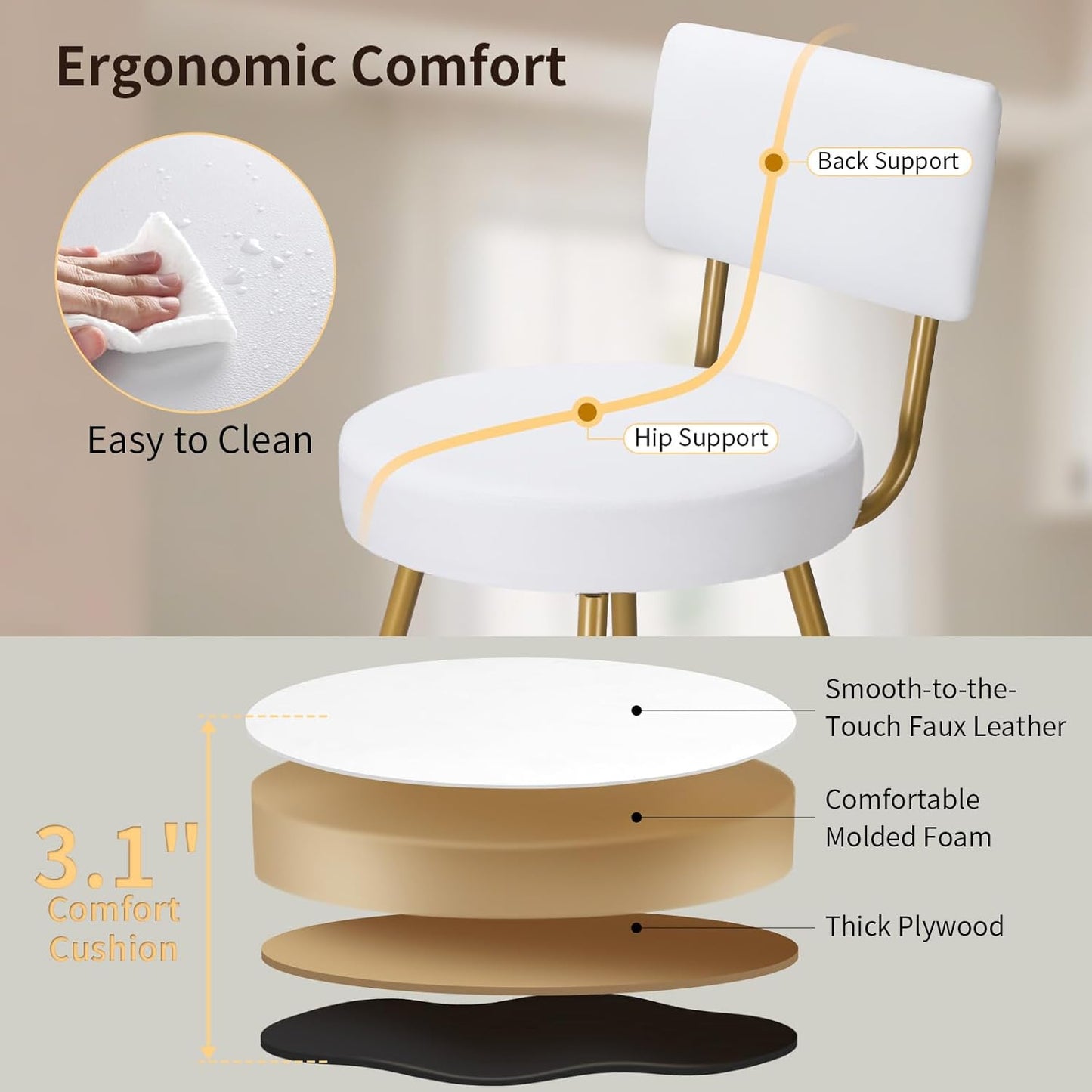 Gold White Bar Stools Set of 2, Modern Counter Height Bar Stools, 25" Upholstered Swivel Round Barstools with Back Bar Chair Island Stool for Kitchen Counter, White Gold