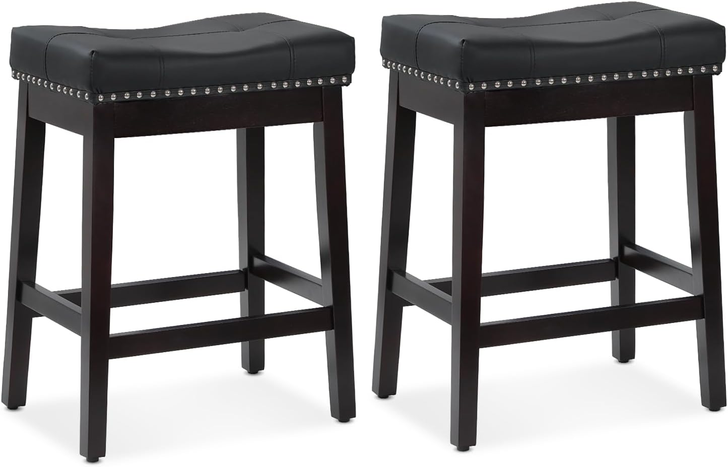 Athena Collection Bar Stools Set of 2, 25 Inches Counter Height Bar Stools Backless with Footrest, Leather Upholstered Saddle Barstools with Nailhead Trim for Home, Kitchen Island, Counter, Black