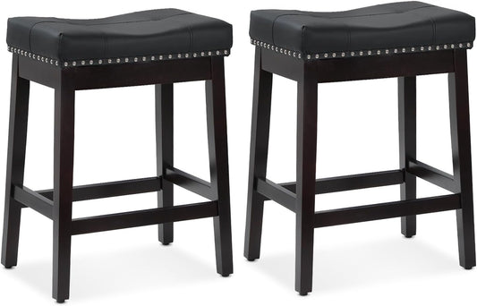 Athena Collection Bar Stools Set of 2, 25 Inches Counter Height Bar Stools Backless with Footrest, Leather Upholstered Saddle Barstools with Nailhead Trim for Home, Kitchen Island, Counter, Black