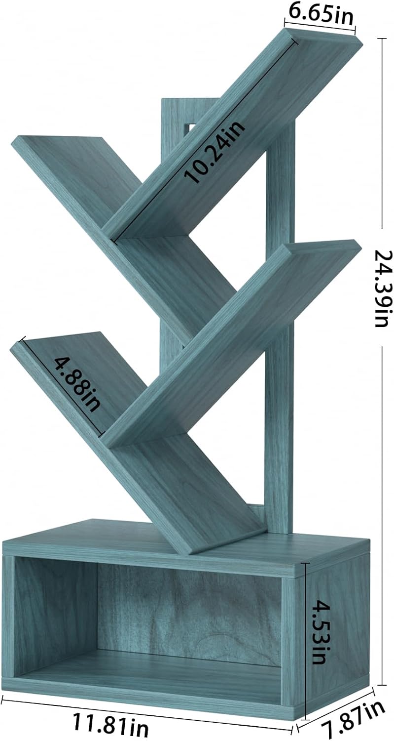 Small Tree Book Shelf,5 Tier Black Tree Bookshelf,Blue Desktop Bookcase,Modern Desk Display Storage Bookshelves,Floor Standing Organizer Bookcases for Living Room,Bedroom,Office-Blue