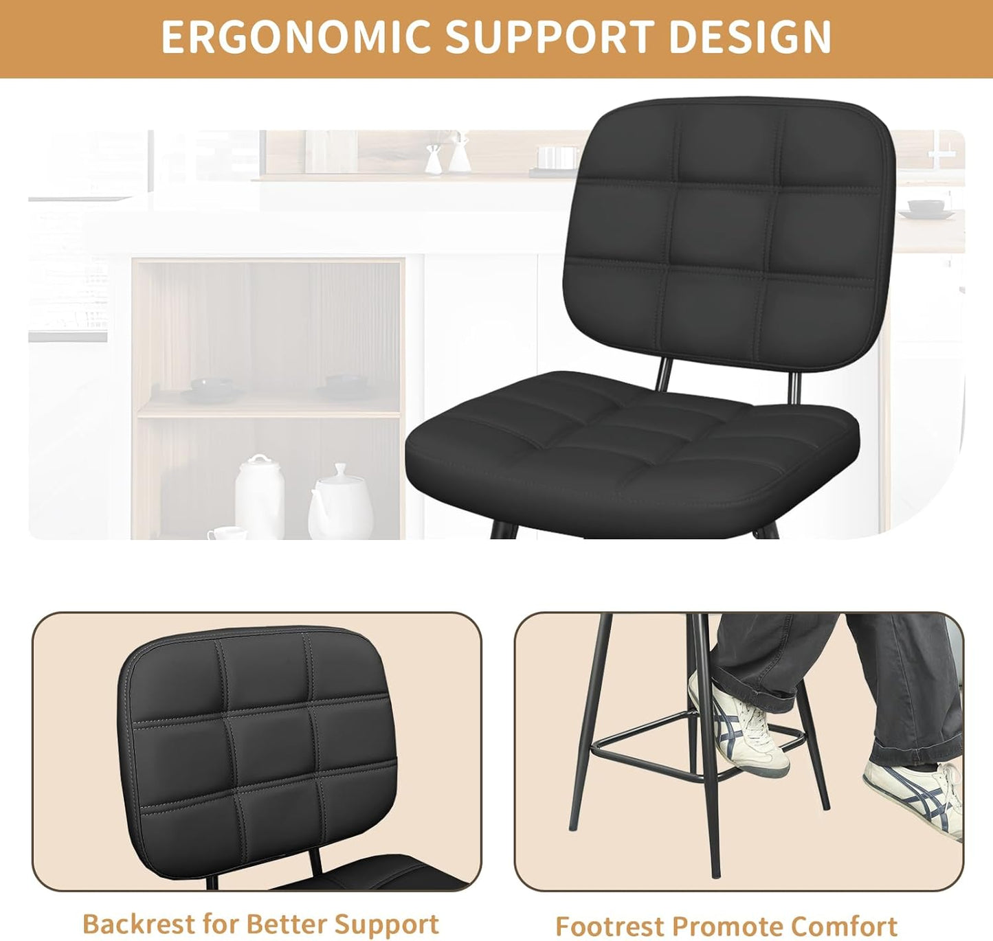 Bar Stools Set of 2, 24 Inch Upholstered Metal Barstool with Back and Footrest, Bar Chair with Metal Base for Dining Room Counter Island, Black