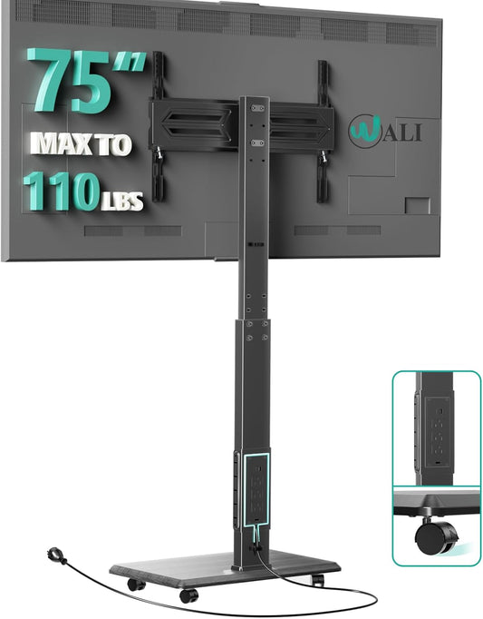 WALI Floor TV Stand with Power Outlet, Rolling Tall TV Stand Mount with Wheels for 32-75 inch TV up to 110 lbs, Swivel Height Adjustable TV Cart with Wood Base for Bedroom(TVDVD-7PR), Black