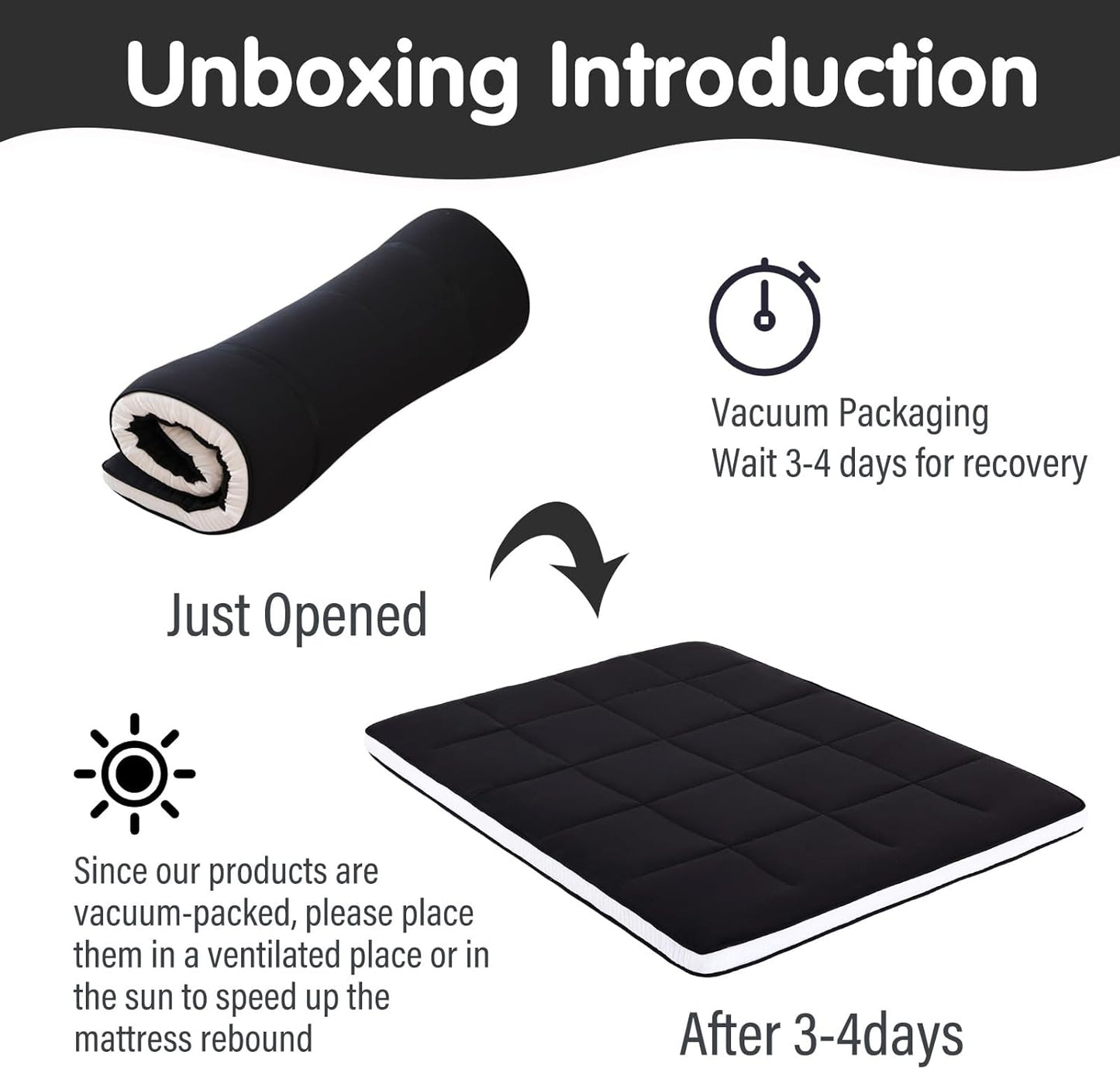 Tiita Floor Mattress Memory Foam Mattress Topper, 4" Thicken Futon Mattress with Storage Bag and 2 Straps, Portable Roll Up Travel Car Camping Mattress Sleeping Pad Full Size, Black