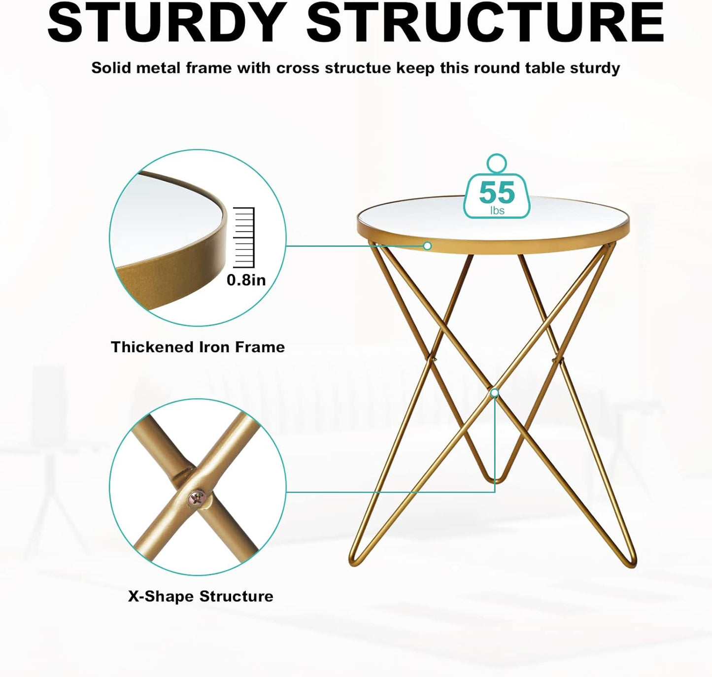 HLR Modern Round Side Table, End Table with Marble Effect Top and Gold Metal Frame, Small Side Table for Living Room, Bedroom, Sofa and Couch, Gold Legs, Mirror top