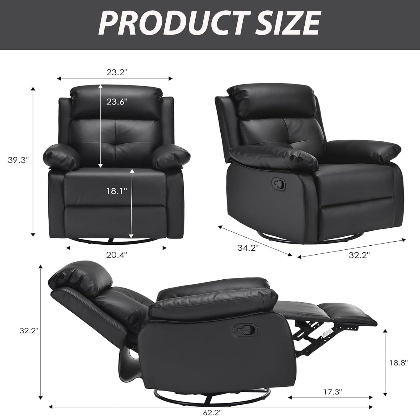 Swivel Rocker Recliner, 360 Swivel Small Recliners with 30 Degree, 90-150 Degree Angle, Faux Leather Lift Chair for Home Theater Seating, Adults, Living Room, Bedroom, Black