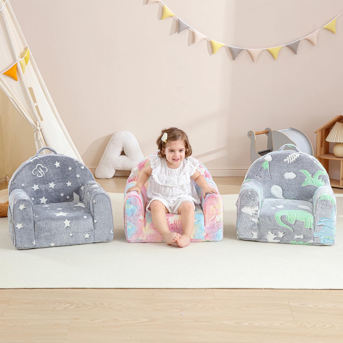 Toddler Chair Comfy,Toddler Couch Fold Out, 2-in-1 Kids Chair,Flip Out Kids Couch,Toddler Sofa Convertible,Children Reading Chair for Age 1-3(Grey Star)